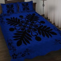 Hawaiian Quilt Maui Plant And Hibiscus Pattern Quilt Bed Set - Black Blue - AH - Polynesian Pride