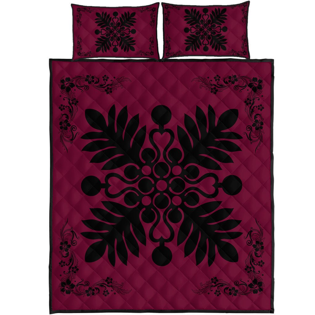 Hawaiian Quilt Maui Plant And Hibiscus Pattern Quilt Bed Set - Black Burgundy - AH Black - Polynesian Pride