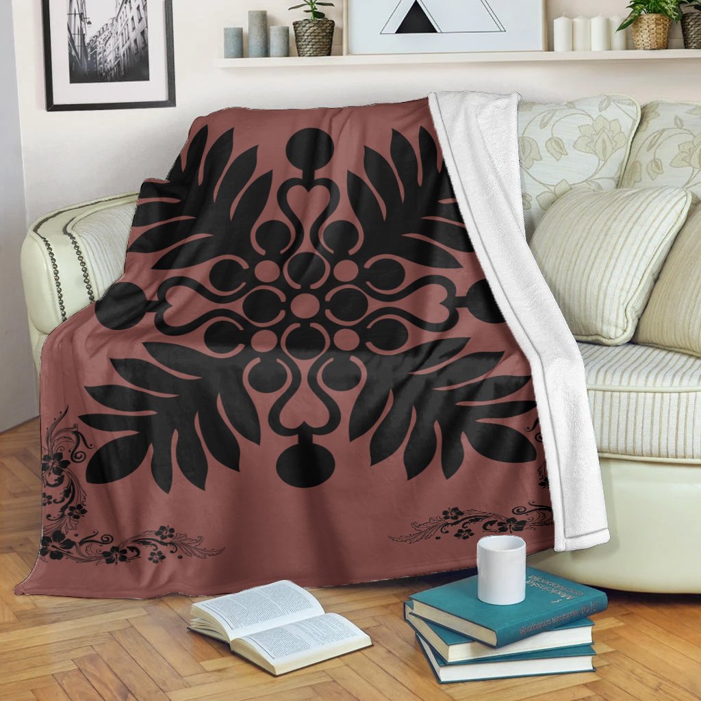 Hawaiian Quilt Maui Plant And Hibiscus Premium Blanket - Black Coral - AH White - Polynesian Pride