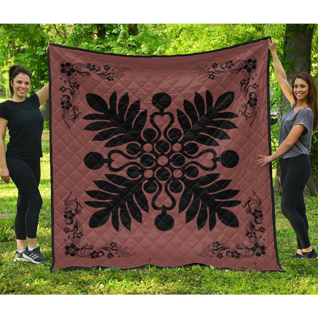 Hawaiian Quilt Maui Plant And Hibiscus Premium Quilt - Black Coral - AH Black - Polynesian Pride