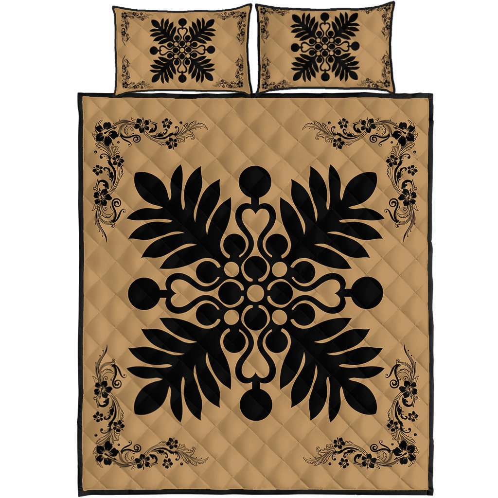 Hawaiian Quilt Maui Plant And Hibiscus Pattern Quilt Bed Set - Black Gold - AH Black - Polynesian Pride