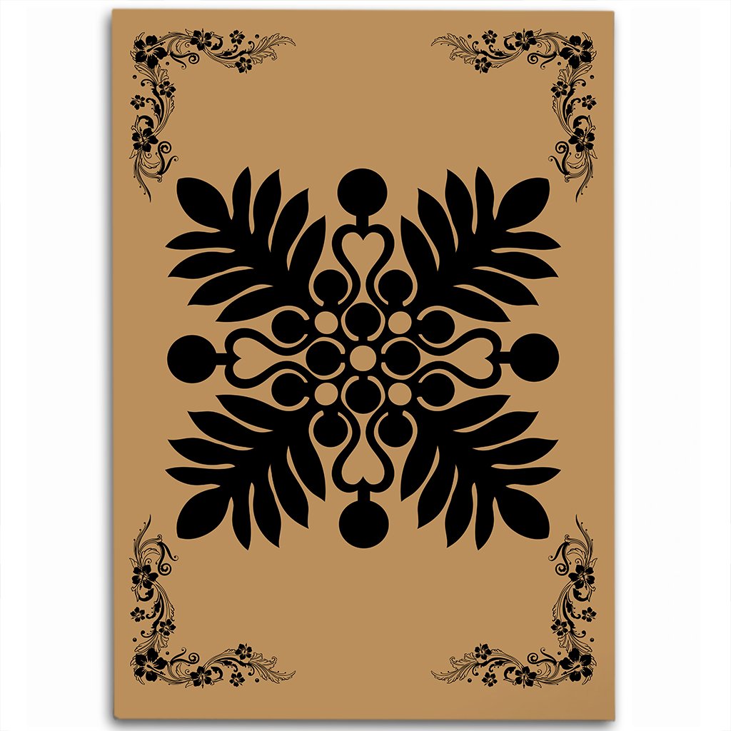 Hawaiian Quilt Maui Plant And Hibiscus Pattern Area Rug - Black Gold - AH Black - Polynesian Pride