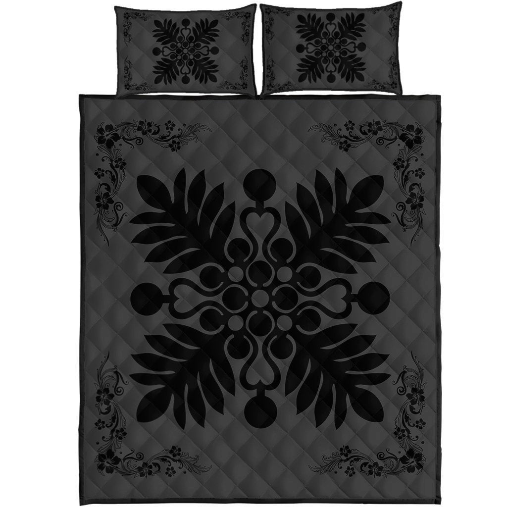 Hawaiian Quilt Maui Plant And Hibiscus Pattern Quilt Bed Set - Black Gray - AH Black - Polynesian Pride