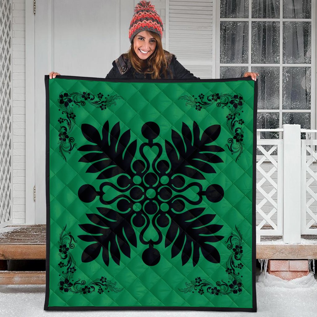 Hawaiian Quilt Maui Plant And Hibiscus Premium Quilt - Black Green - AH - Polynesian Pride