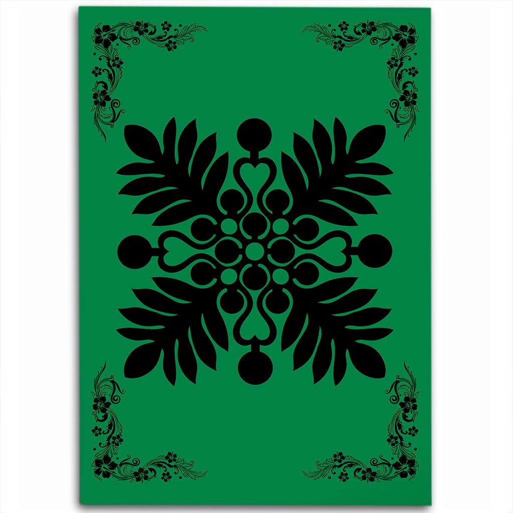 Hawaiian Quilt Maui Plant And Hibiscus Pattern Area Rug - Black Green - AH Black - Polynesian Pride