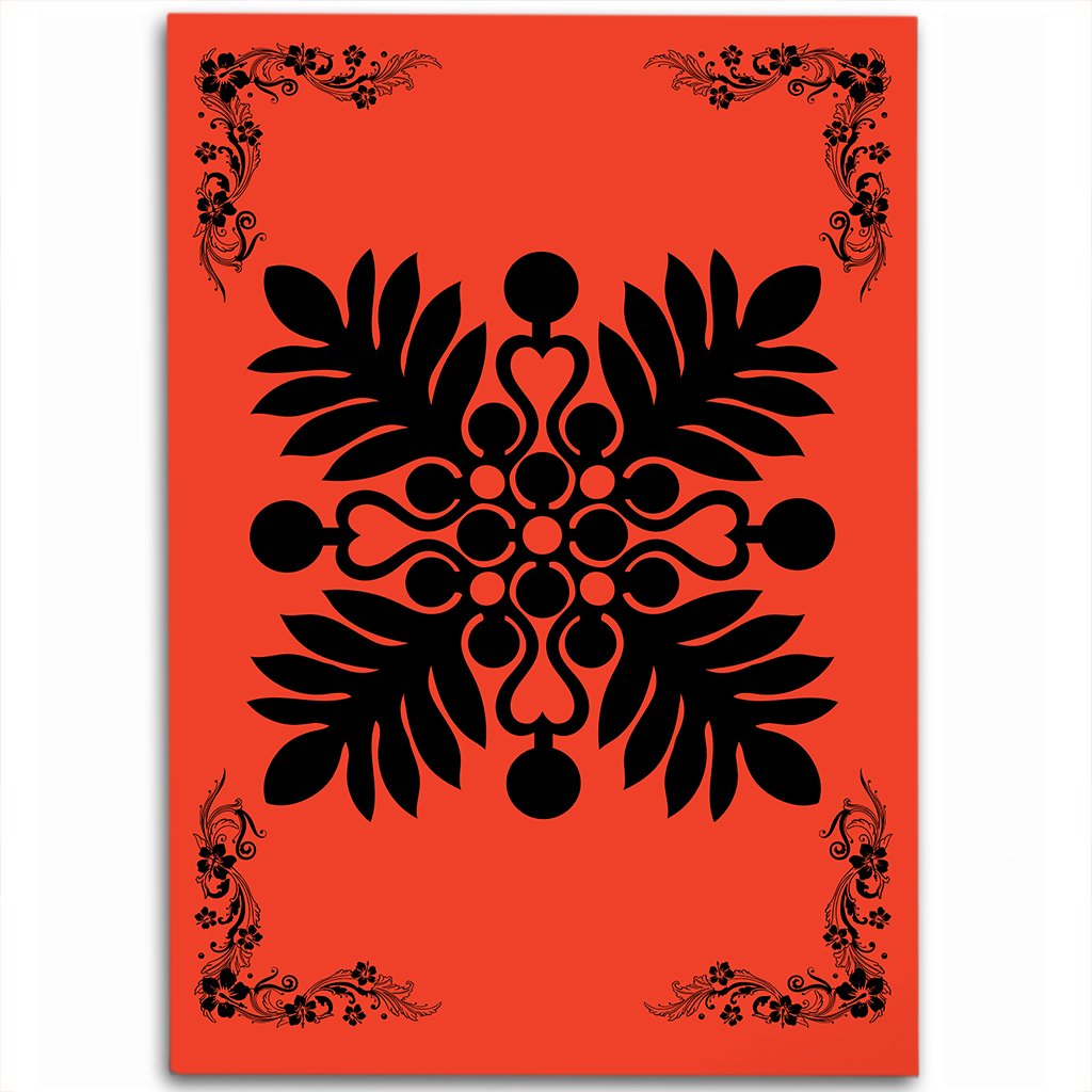 Hawaiian Quilt Maui Plant And Hibiscus Pattern Area Rug - Black Orange - AH Black - Polynesian Pride