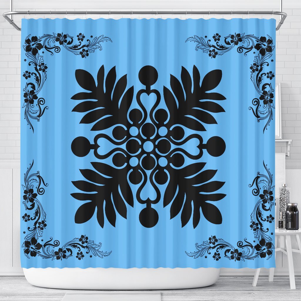 Hawaiian Quilt Maui Plant And Hibiscus Shower Curtain - Black Pastel - AH 177 x 172 (cm) Black - Polynesian Pride