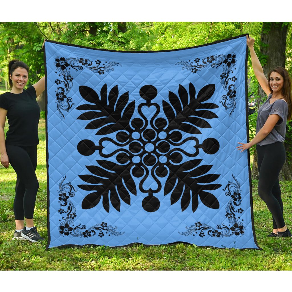 Hawaiian Quilt Maui Plant And Hibiscus Premium Quilt - Black Pastel - AH Black - Polynesian Pride
