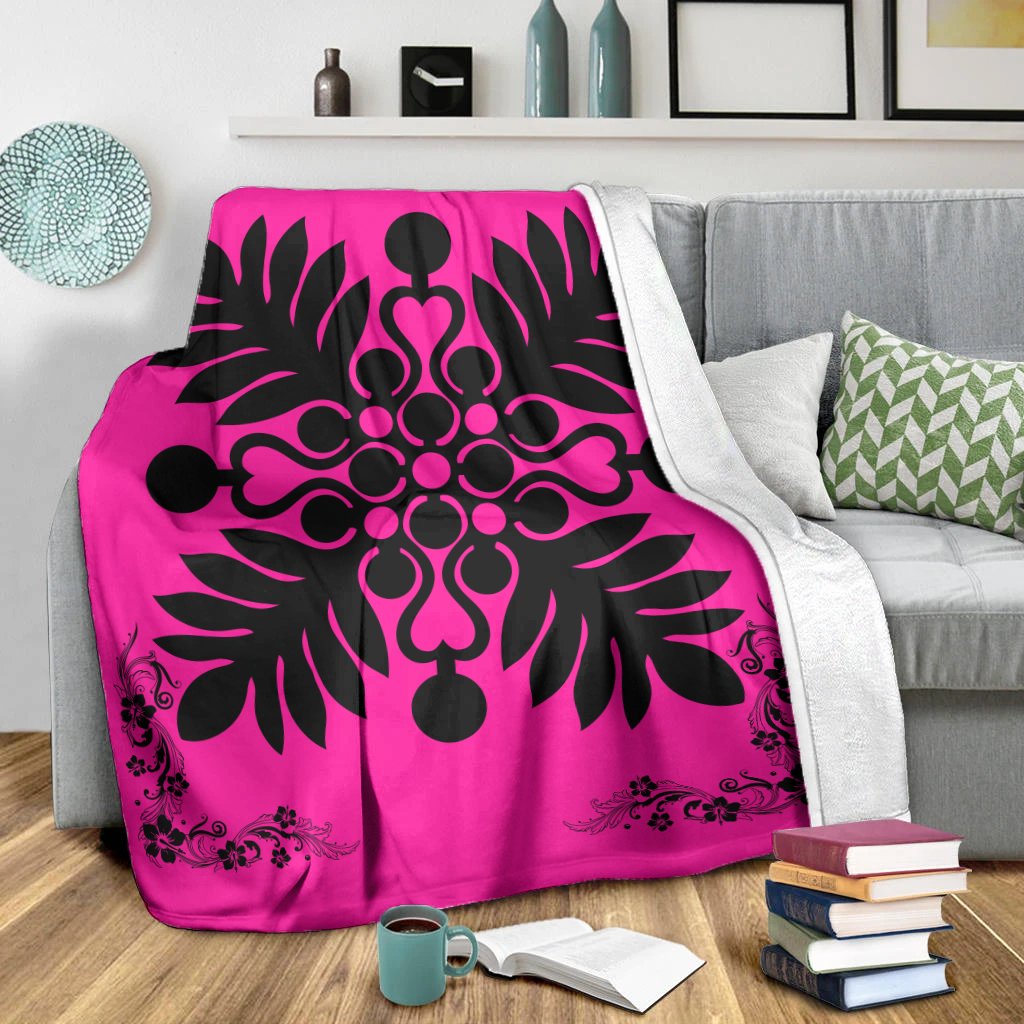 Hawaiian Quilt Maui Plant And Hibiscus Premium Blanket - Black Pink - AH - Polynesian Pride