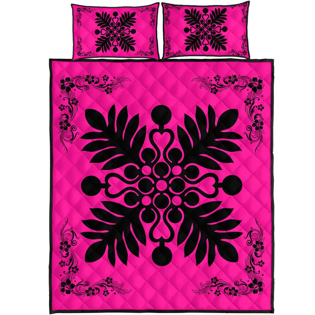 Hawaiian Quilt Maui Plant And Hibiscus Pattern Quilt Bed Set - Black Pink - AH Black - Polynesian Pride