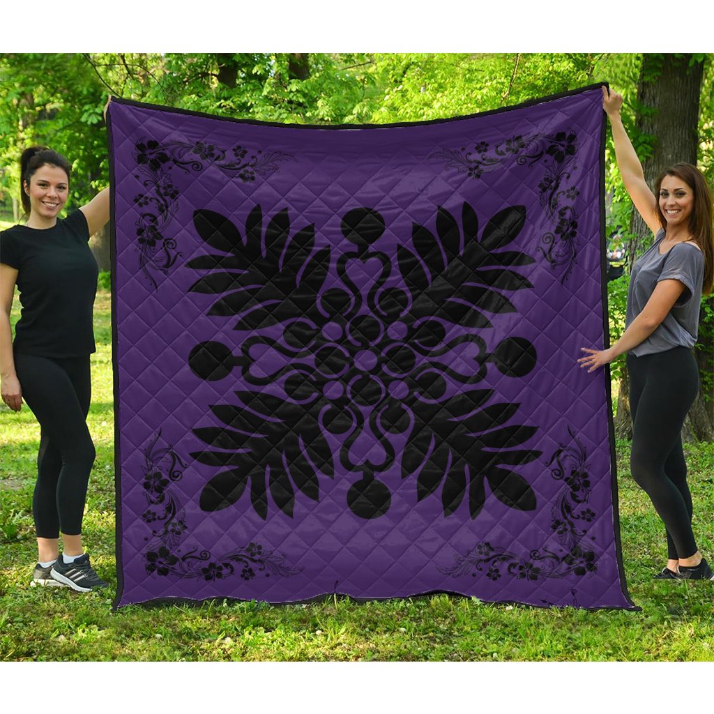 Hawaiian Quilt Maui Plant And Hibiscus Premium Quilt - Black Purple - AH Black - Polynesian Pride