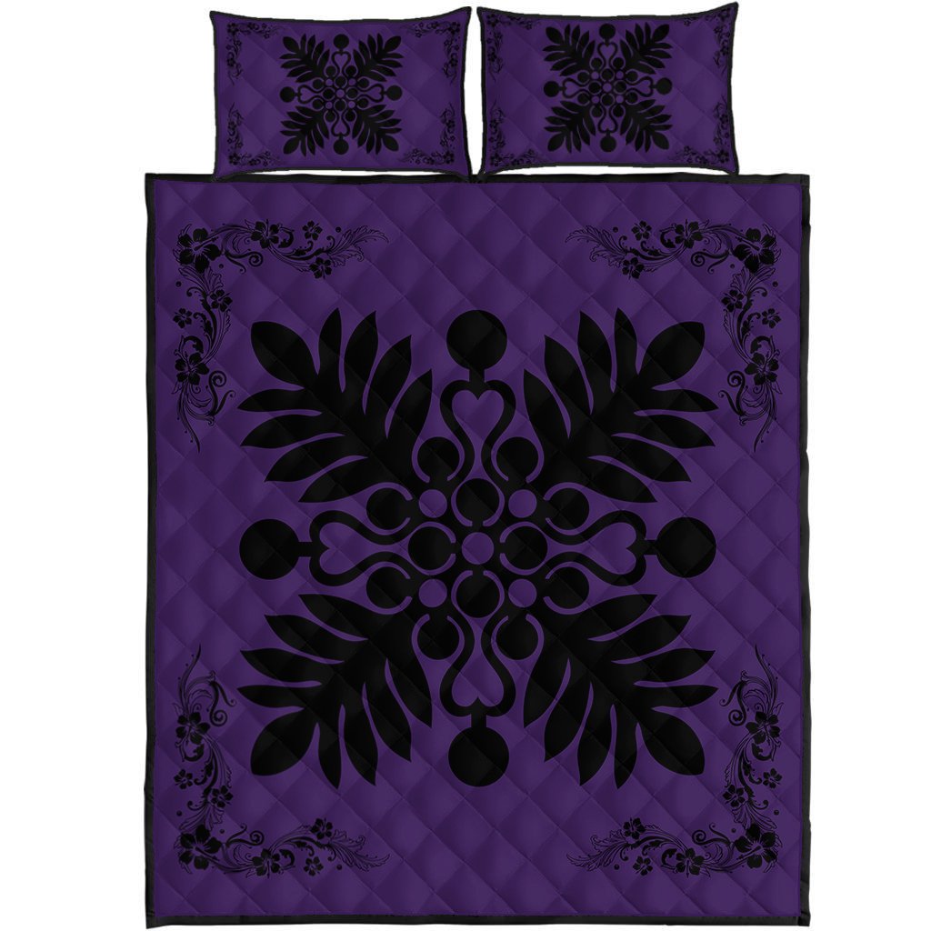 Hawaiian Quilt Maui Plant And Hibiscus Pattern Quilt Bed Set - Black Purple - AH Black - Polynesian Pride