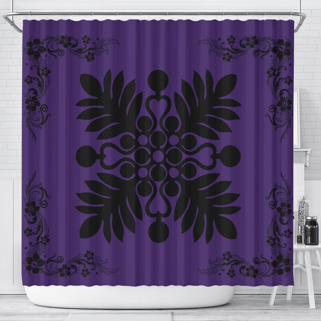 Hawaiian Quilt Maui Plant And Hibiscus Shower Curtain - Black Purple - AH 177 x 172 (cm) Black - Polynesian Pride