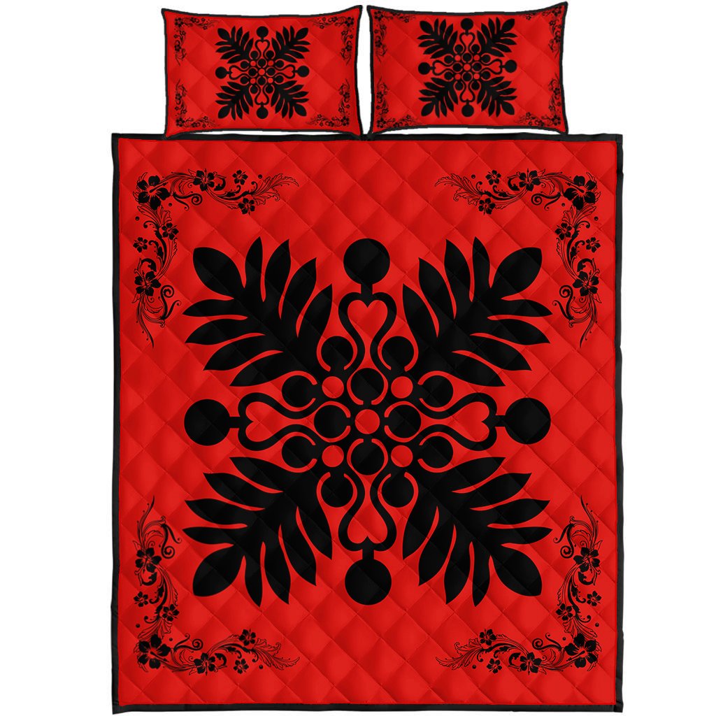 Hawaiian Quilt Maui Plant And Hibiscus Pattern Quilt Bed Set - Black Red - AH Black - Polynesian Pride