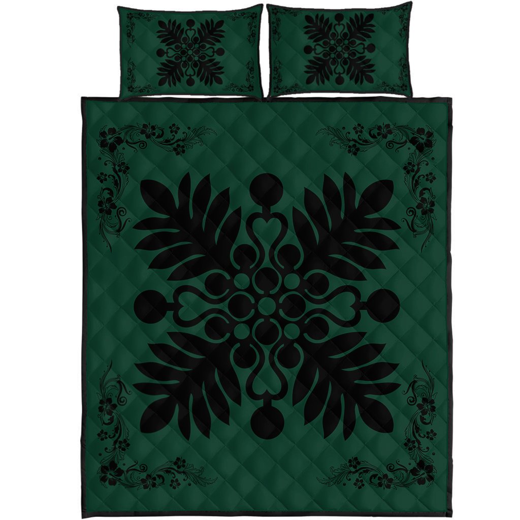 Hawaiian Quilt Maui Plant And Hibiscus Pattern Quilt Bed Set - Black Sacramento - AH Black - Polynesian Pride