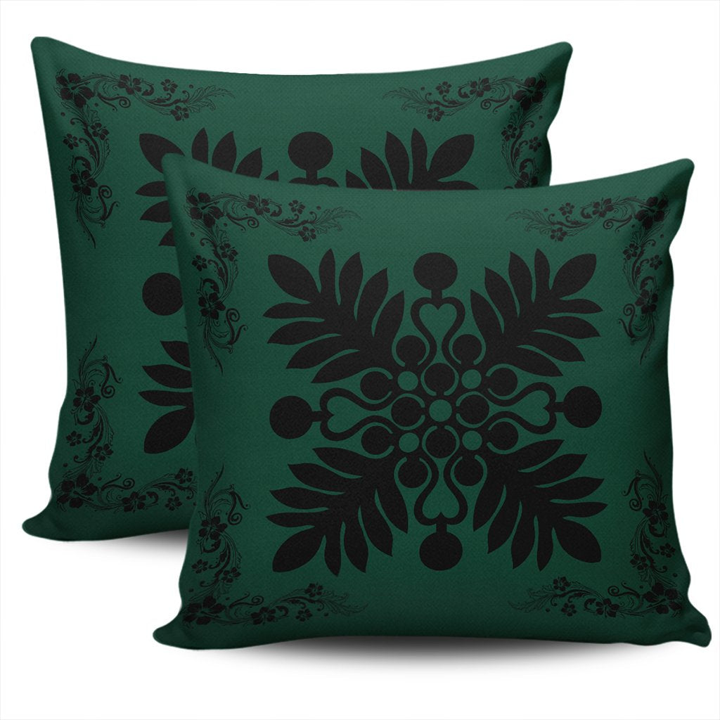 Hawaiian Quilt Maui Plant And Hibiscus Pattern Pillow Covers - Black Sacramento - AH - Polynesian Pride