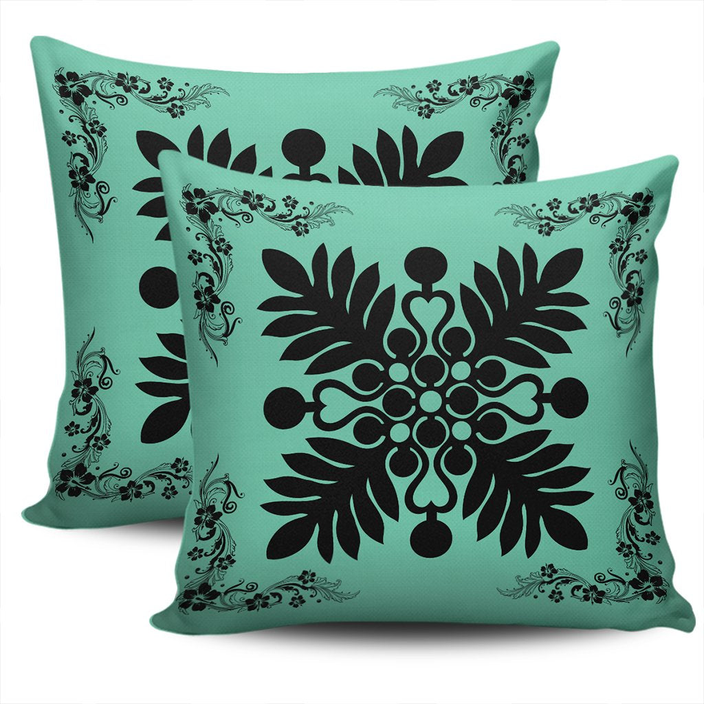 Hawaiian Quilt Maui Plant And Hibiscus Pattern Pillow Covers - Black Seafoarm - AH - Polynesian Pride