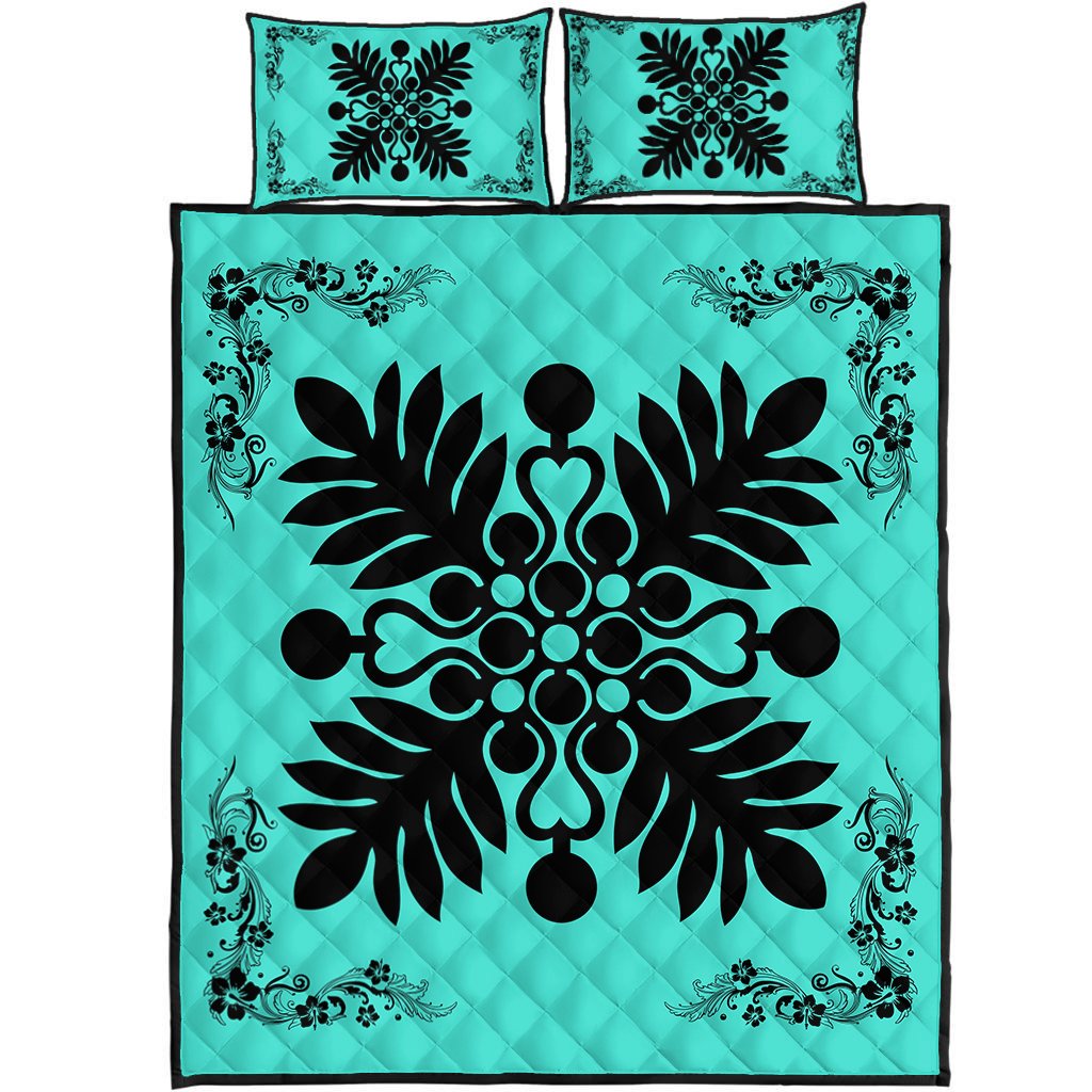 Hawaiian Quilt Maui Plant And Hibiscus Pattern Quilt Bed Set - Black Turquoise - AH Black - Polynesian Pride