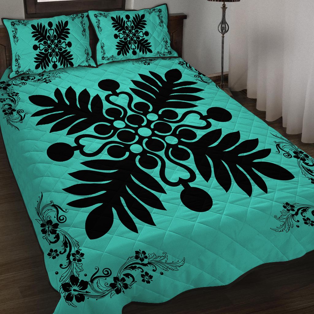Hawaiian Quilt Maui Plant And Hibiscus Pattern Quilt Bed Set - Black Turquoise - AH - Polynesian Pride