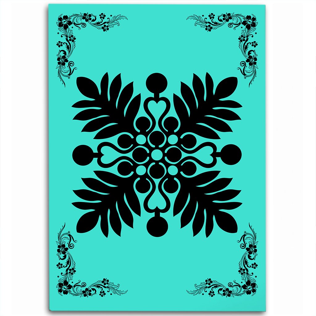 Hawaiian Quilt Maui Plant And Hibiscus Pattern Area Rug - Black Turquoise - AH Black - Polynesian Pride