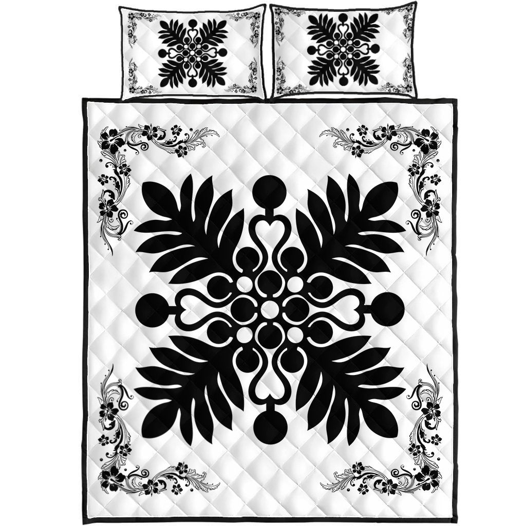 Hawaiian Quilt Maui Plant And Hibiscus Pattern Quilt Bed Set - Black White - AH Black - Polynesian Pride