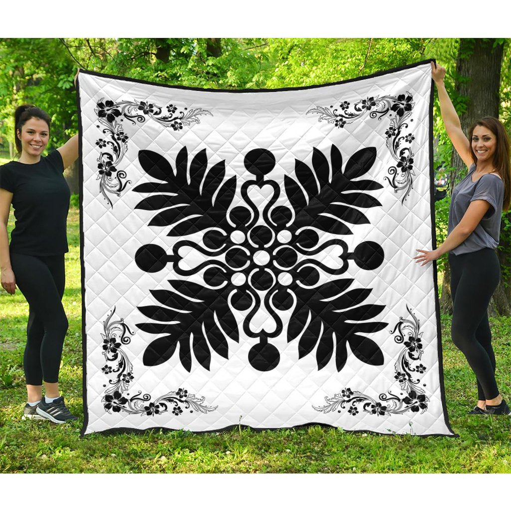Hawaiian Quilt Maui Plant And Hibiscus Premium Quilt - Black White - AH Black - Polynesian Pride