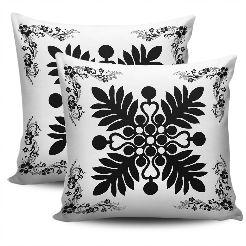 Hawaiian Quilt Maui Plant And Hibiscus Pattern Pillow Covers - Black White - AH - Polynesian Pride