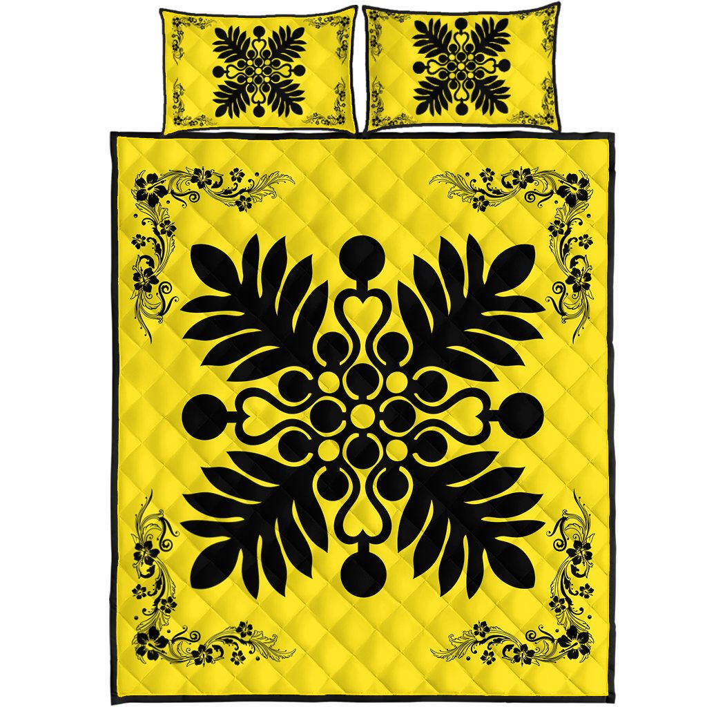 Hawaiian Quilt Maui Plant And Hibiscus Pattern Quilt Bed Set - Black Yellow - AH Black - Polynesian Pride