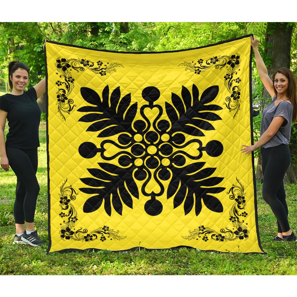 Hawaiian Quilt Maui Plant And Hibiscus Premium Quilt - Black Yellow - AH Black - Polynesian Pride
