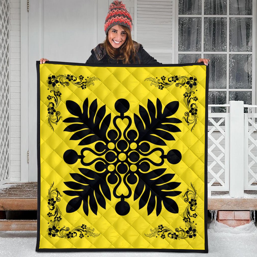 Hawaiian Quilt Maui Plant And Hibiscus Premium Quilt - Black Yellow - AH - Polynesian Pride