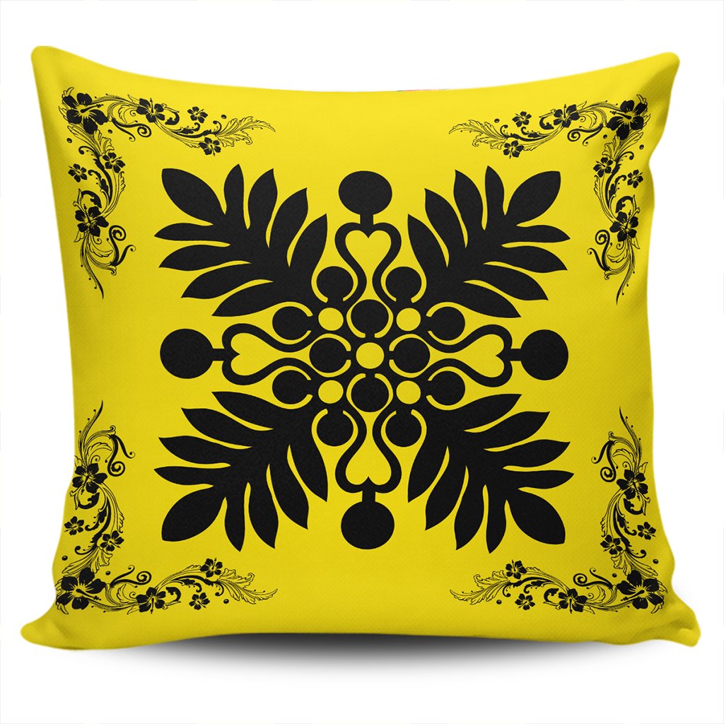 Hawaiian Quilt Maui Plant And Hibiscus Pattern Pillow Covers - Black Yellow - AH One Size Black - Polynesian Pride