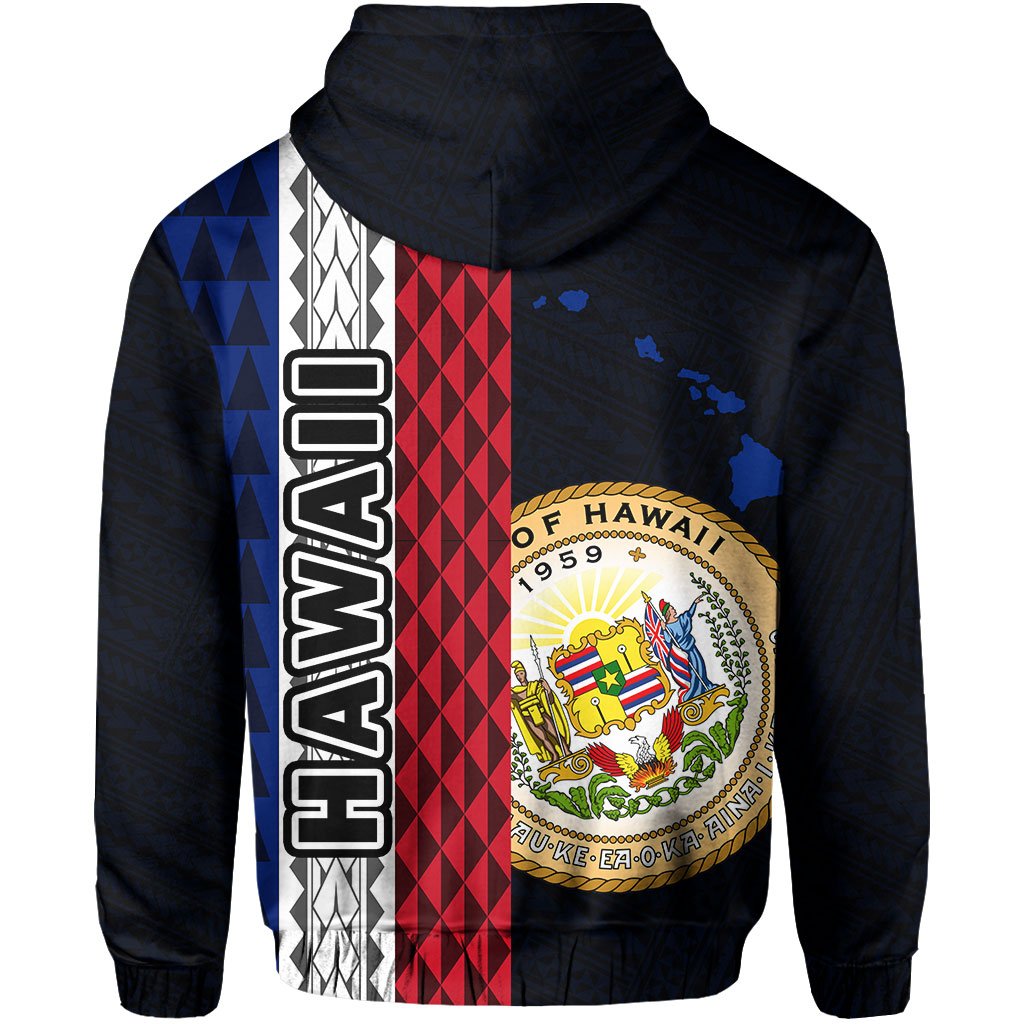 Polynesian Kakau Hawaii Flag Seal of Hawaii Zip Hoodie Blue - Polynesian Pride