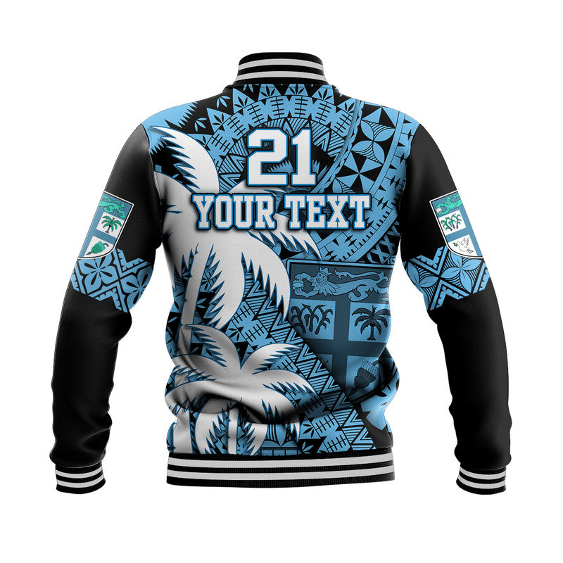 (Custom Personalised) Fiji Coat Of Arms Baseball Jacket Masi Tapa Mixed Palm Tree No1 Blue Version LT9 - Polynesian Pride