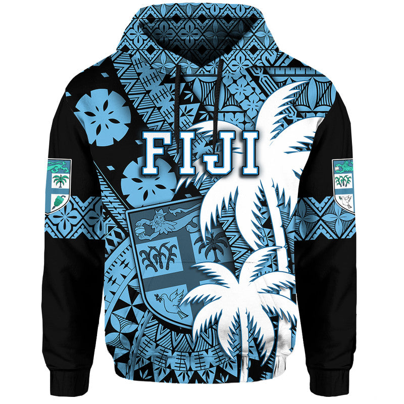 Fiji Coat of Arms Hoodie Masi Tapa Mixed Palm Tree No1 Blue Version LT9 Hoodie Blue - Polynesian Pride