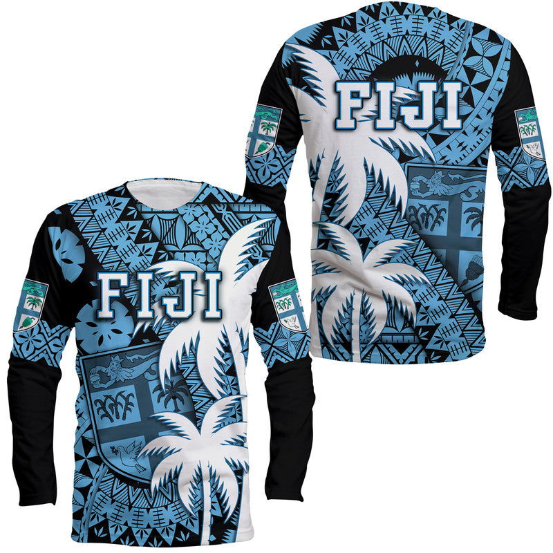 Fiji Coat Of Arms Long Sleeve Shirt Masi Tapa Mixed Palm Tree No1 Blue Version LT9 Unisex Blue - Polynesian Pride