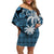 Fiji Coat Of Arms Women Off Shoulder Short Dress Masi Tapa Mixed Palm Tree No1 Blue Version LT9 Women Blue - Polynesian Pride