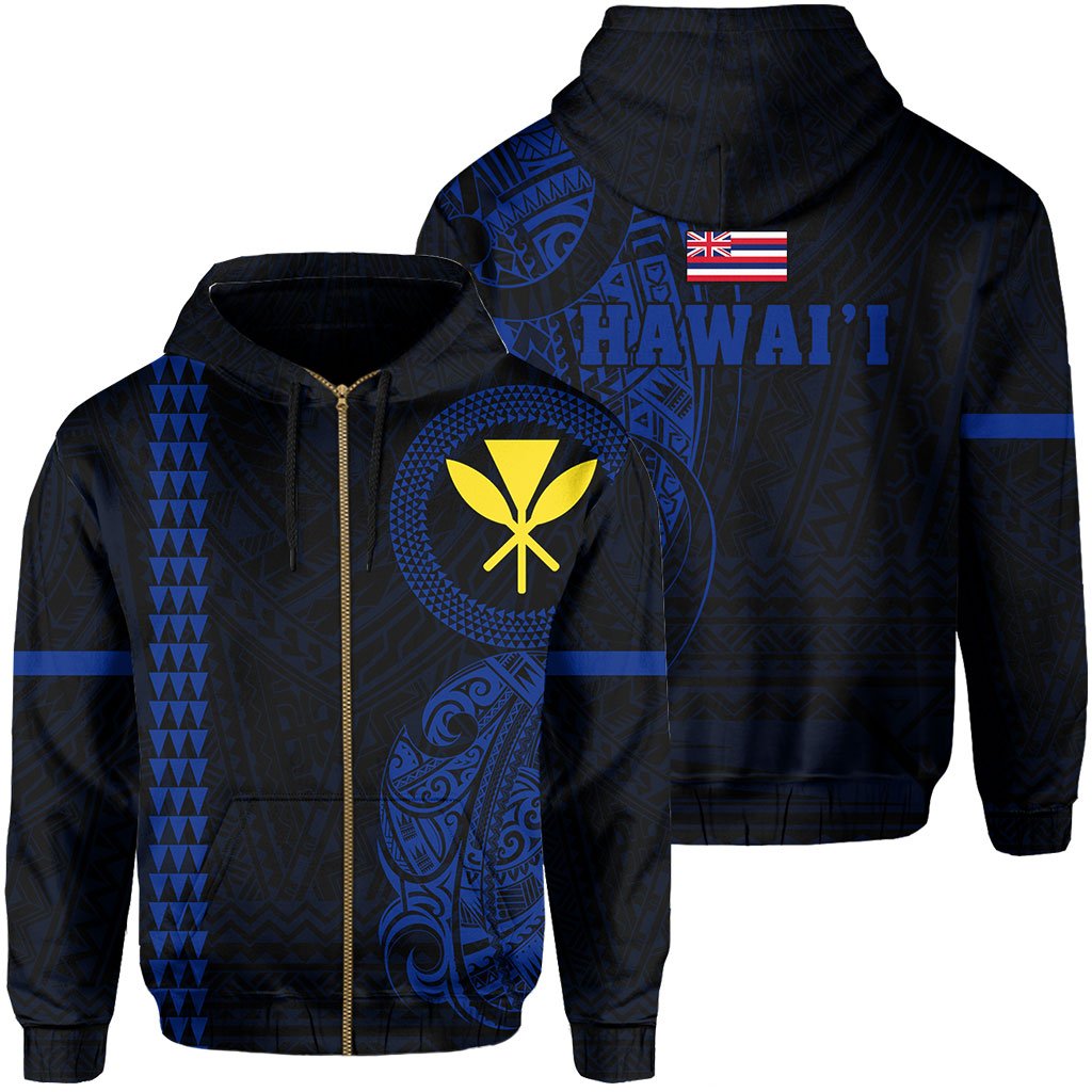 Polynesian Kakau Kanaka Flag of Hawaii Zip Hoodie Blue Unisex Blue - Polynesian Pride