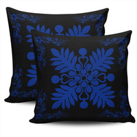 Hawaiian Quilt Maui Plant And Hibiscus Pattern Pillow Covers - Blue Black - AH - Polynesian Pride