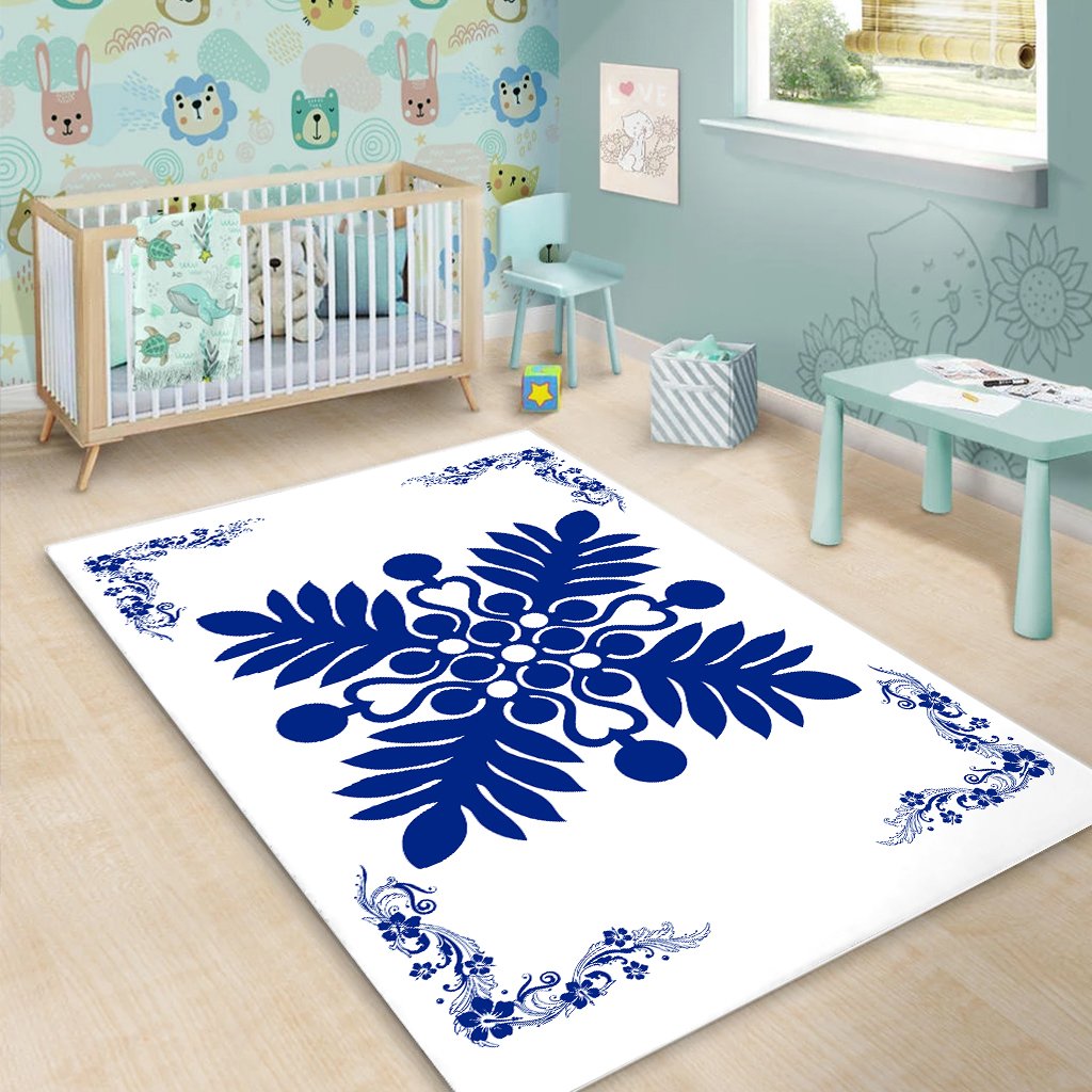 Hawaiian Quilt Maui Plant And Hibiscus Pattern Area Rug - Blue White - AH - Polynesian Pride
