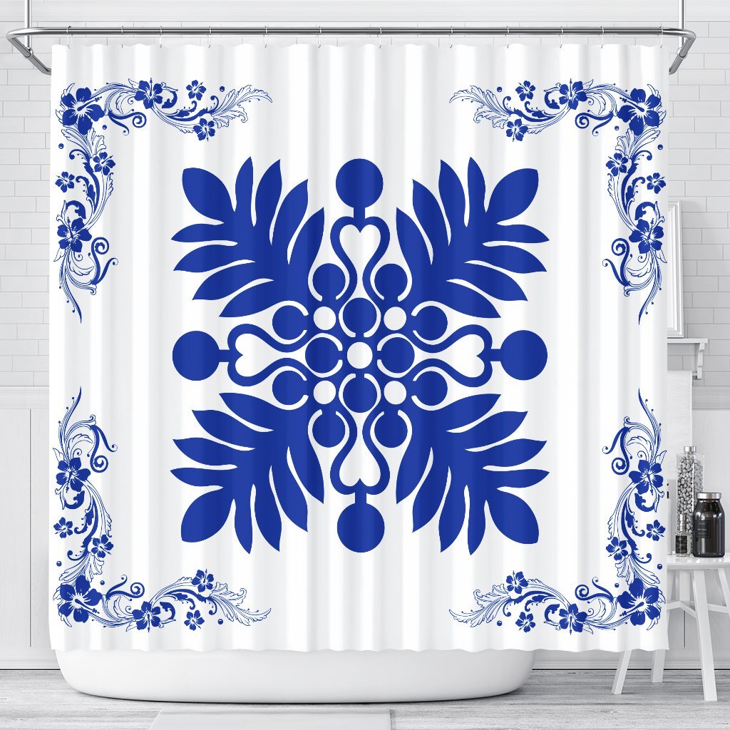 Hawaiian Quilt Maui Plant And Hibiscus Shower Curtain - Blue White - AH 177 x 172 (cm) Blue - Polynesian Pride