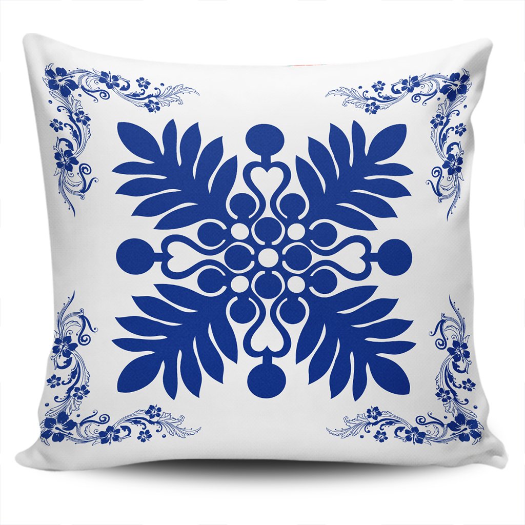 Hawaiian Quilt Maui Plant And Hibiscus Pattern Pillow Covers - Blue White - AH One Size Blue - Polynesian Pride