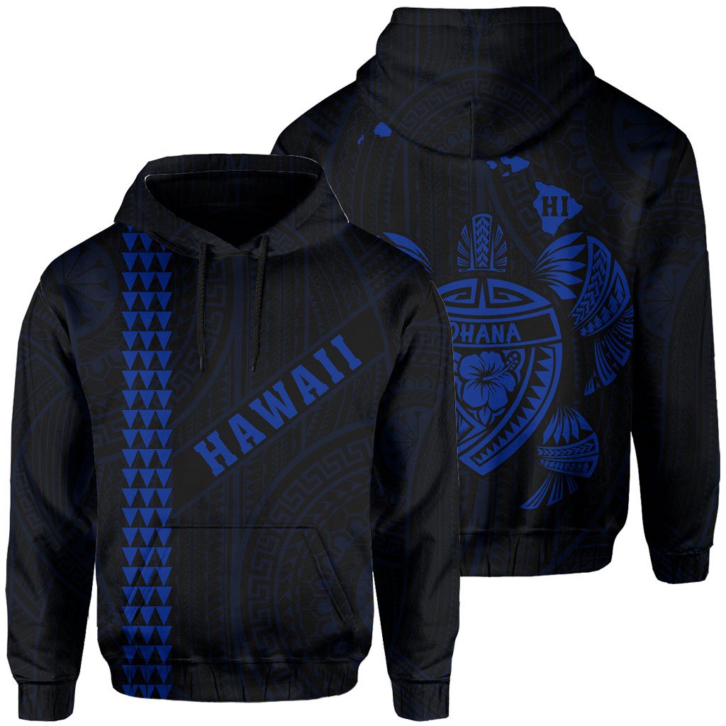 Polynesian Kakau Turtle Ohana Map of Hawaii Hoodie Blue Unisex Blue - Polynesian Pride