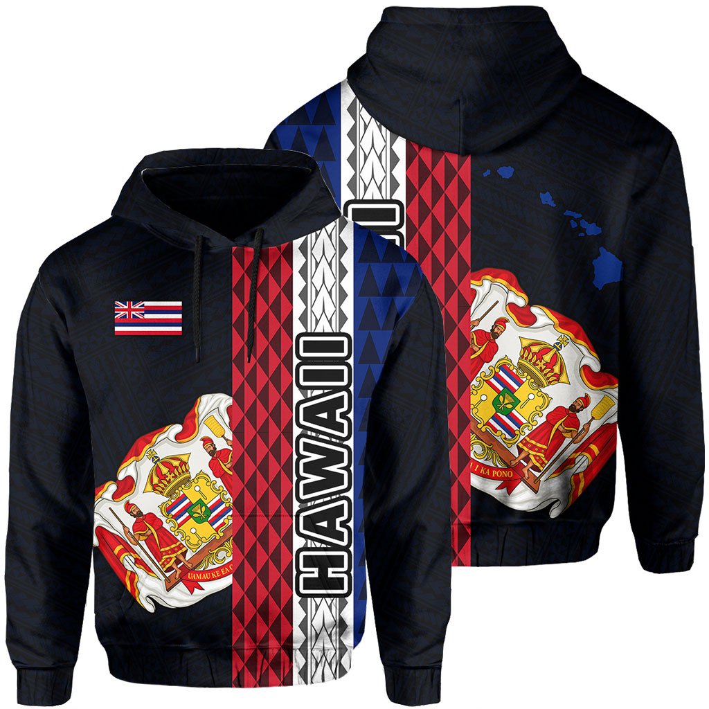 Polynesian Kakau Hawaii Flag Royal Coat of Arms Hawaii Hoodie Blue Unisex Blue - Polynesian Pride