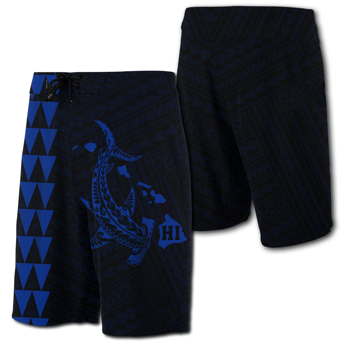 Hawaii Kakau Polynesian Hammerhead Shark Map Board Shorts - Blue Men Blue - Polynesian Pride