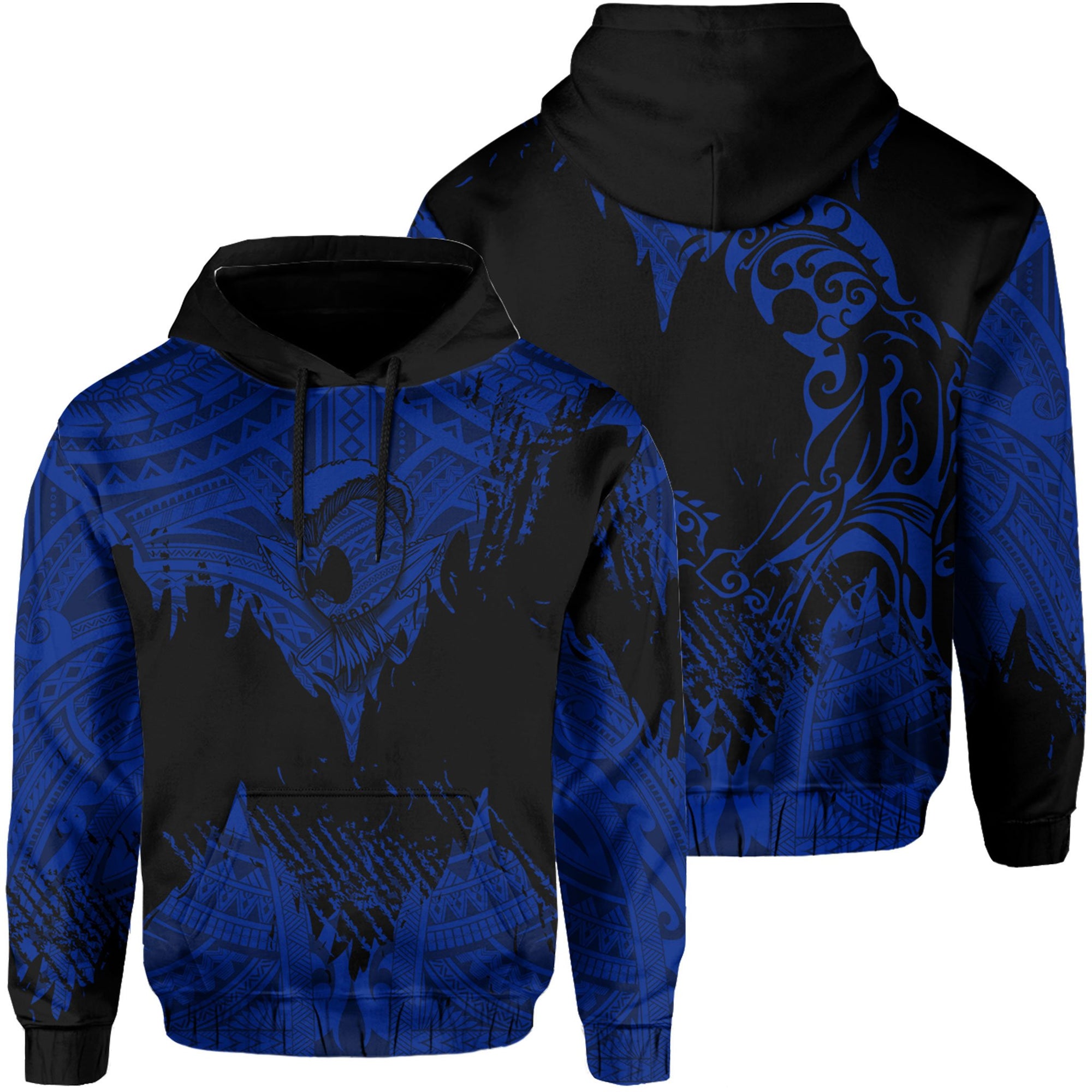 Hawaii Polynesian Hoodie Warrior Ikaika Benjamin Style Blue Unisex Black - Polynesian Pride