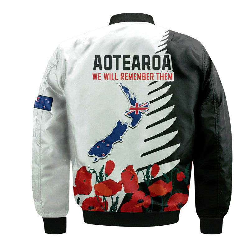 New Zealand ANZAC Day Bomber Jacket Military Silver Ferns and Red Poppy LT9 - Polynesian Pride