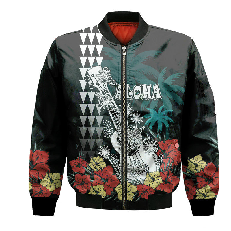 (Custom Personalised) Hawaii Ukulele Mix Hibiscus and Coconut Tree Bomber Jacket Aloha Vintage Black Version LT9 Unisex Black - Polynesian Pride