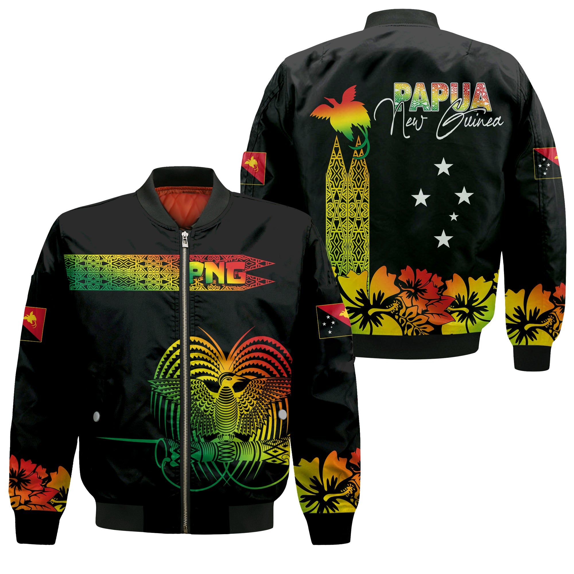 PNG Hibiscus Tribal Pattern Bomber Jacket Motuan Reggae Color LT7 Unisex Reggae - Polynesian Pride