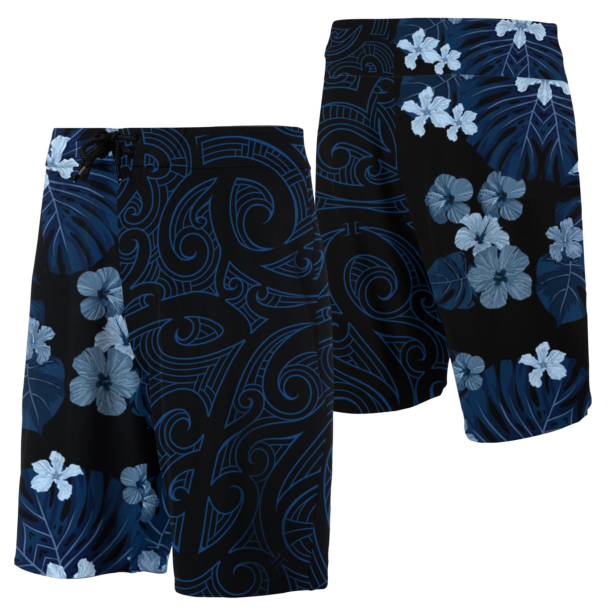 Hawaii Hibiscus Flowers Polynesian Board Shorts - Indigo - Haka Style Men Indigo - Polynesian Pride