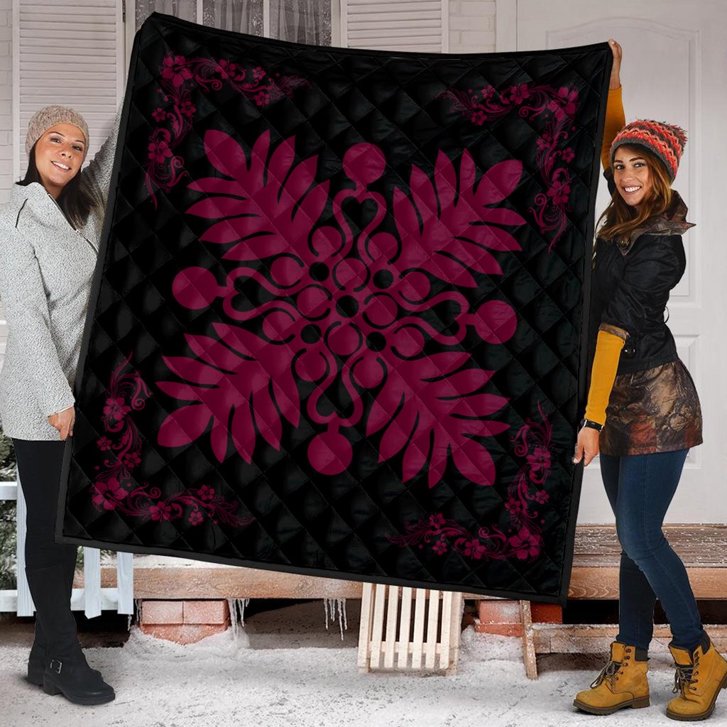 Hawaiian Quilt Maui Plant And Hibiscus Premium Quilt - Burgundy Black - AH - Polynesian Pride